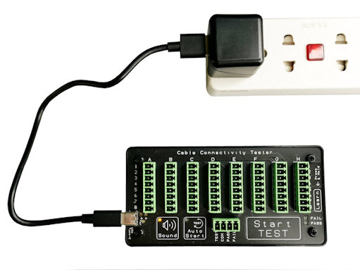 230Vac to USB power adaptor powering up Cable Tester CCT-01.